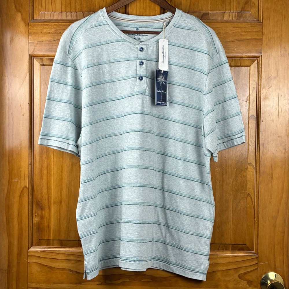 NWT Tommy Bahama Mens XL Indigo Palms Schooner Stripe Shirt Organic Cotton Slub